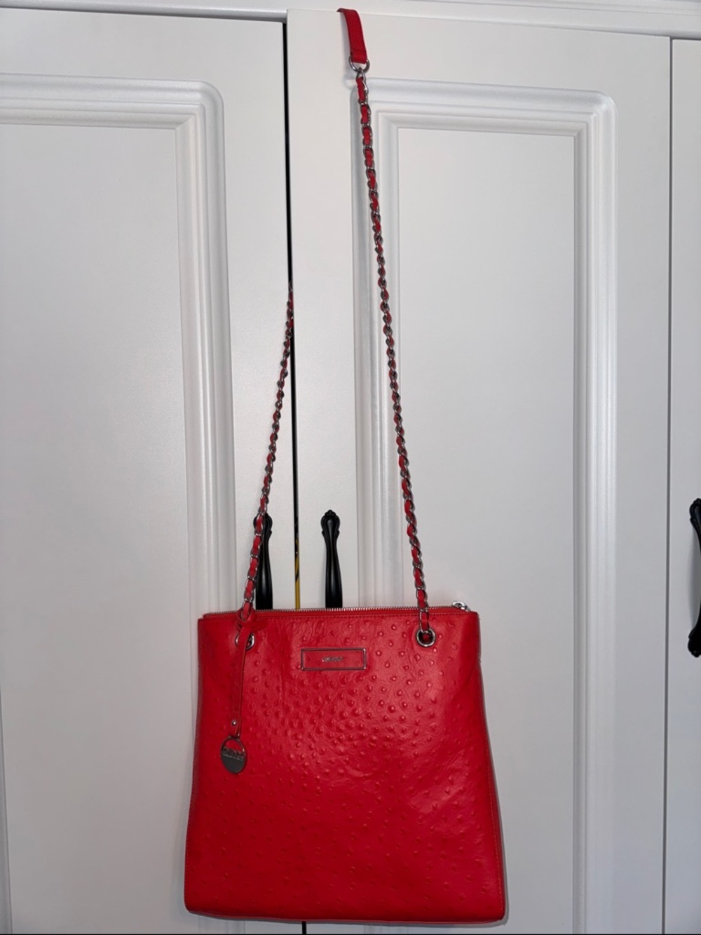 DKNY Red Ostrich Embossed Leather Convertible Shoulder Bag Crossbody - Picture 7 of 8